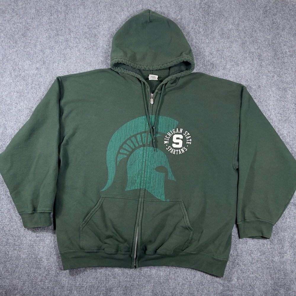 Y2K Michigan State Spartans Hoodie Mens 2XL Green Full Zip Graphic Sweatshirt